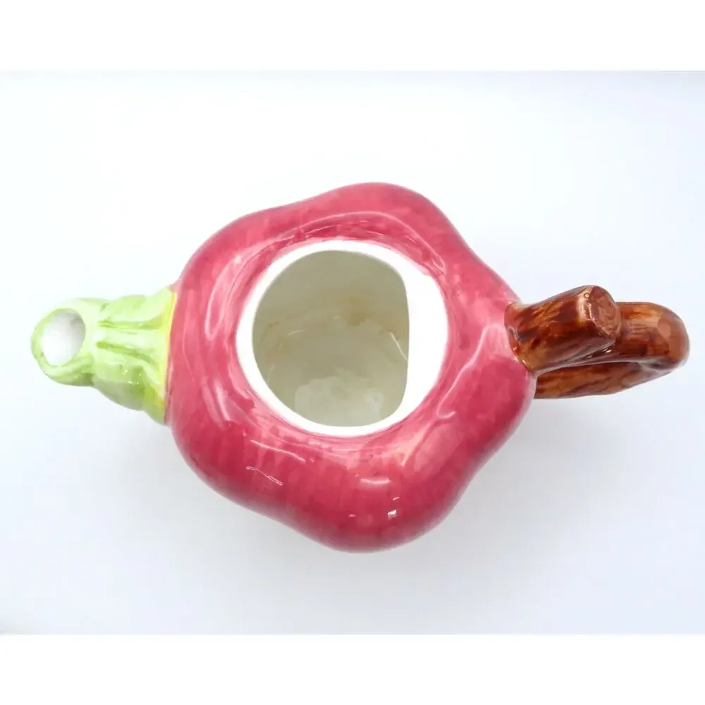 Vintage Apple Shaped Ceramic Teapot Single Serve Reddish Pink and Green 8 Oz